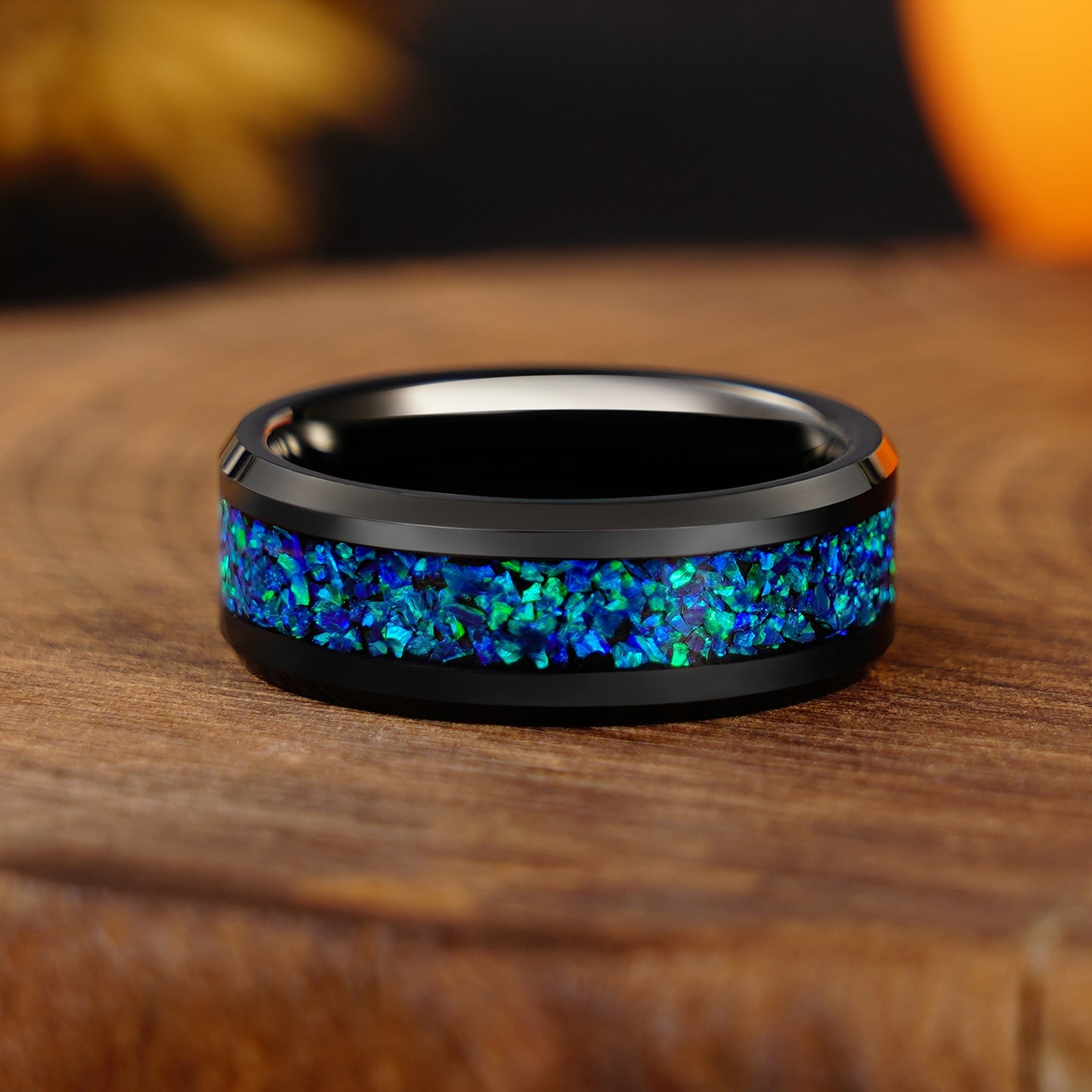 Blue Galaxy Opal 6mm/8mm Ring, Tungsten Wedding Band, Man Woman Matching Couple Wedding Ring Set, Dome, Polished, Unique Band