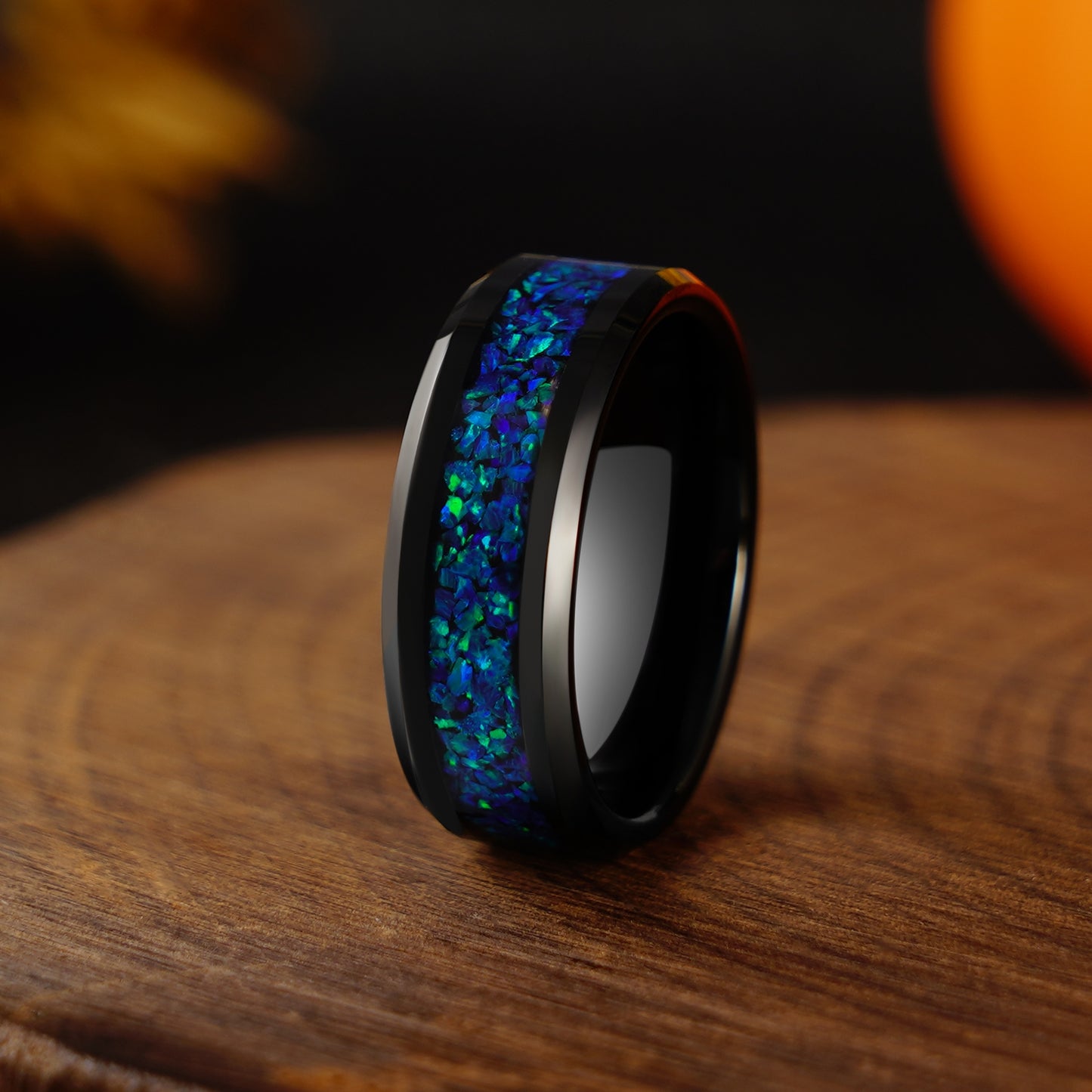 Blue Galaxy Opal 6mm/8mm Ring, Tungsten Wedding Band, Man Woman Matching Couple Wedding Ring Set, Dome, Polished, Unique Band
