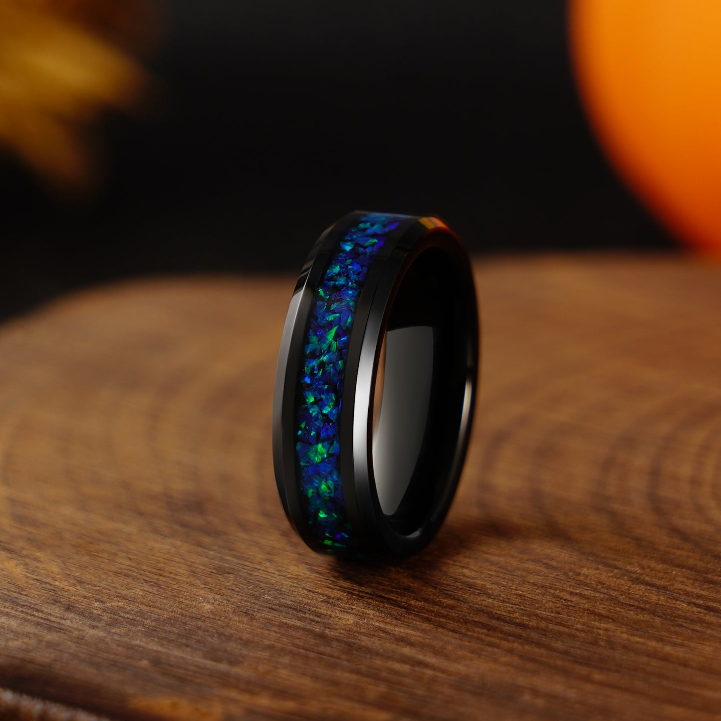 Blue Galaxy Opal 6mm/8mm Ring, Tungsten Wedding Band, Man Woman Matching Couple Wedding Ring Set, Dome, Polished, Unique Band