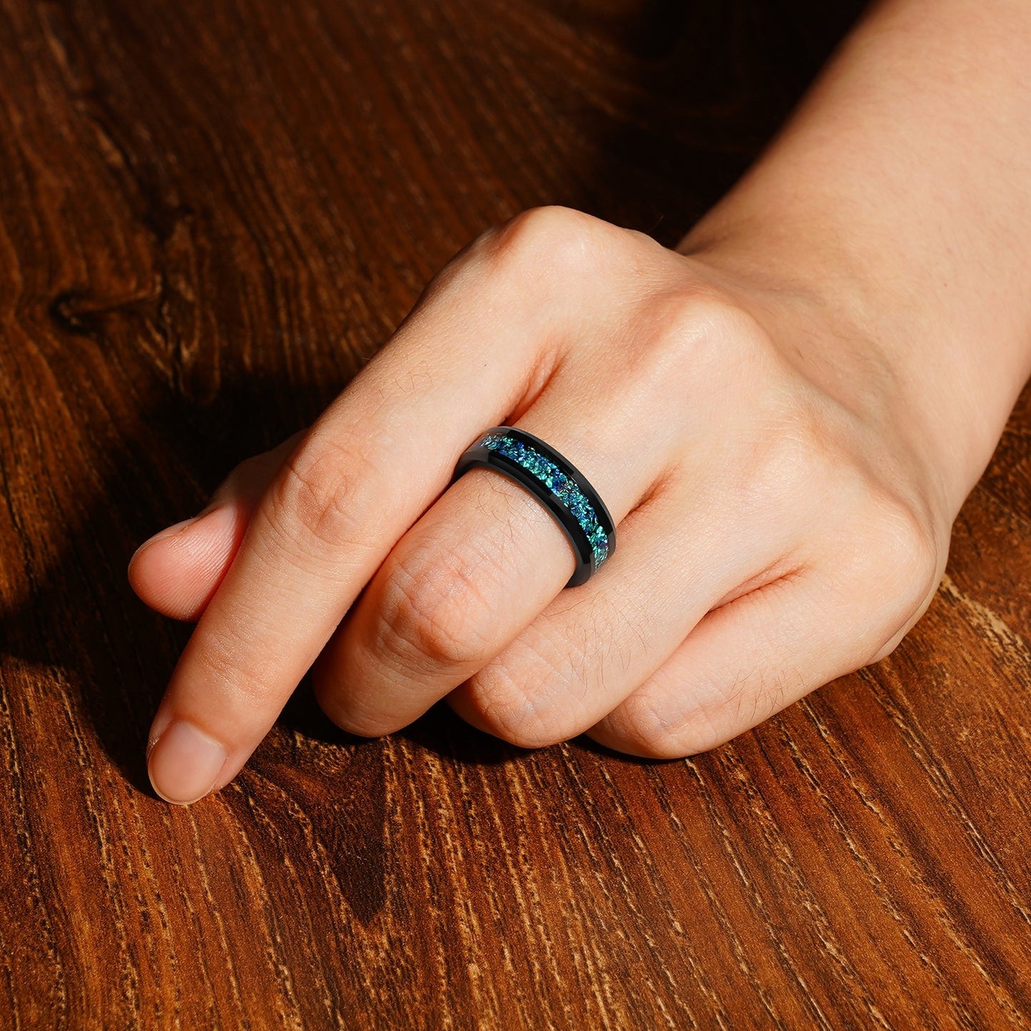 Blue Galaxy Opal 6mm/8mm Ring, Tungsten Wedding Band, Man Woman Matching Couple Wedding Ring Set, Dome, Polished, Unique Band