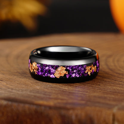 8mm/4mm Purple Amethyst and Rose Gold Foil Wedding Band, Black Tungsten Carbide Ring, Dome, Polish, Comfort Fit, Birthday Anniversary Gift for Him and Her