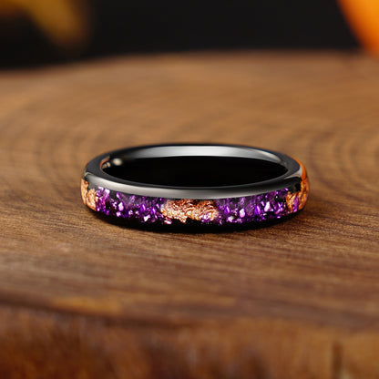 8mm/4mm Purple Amethyst and Rose Gold Foil Wedding Band, Black Tungsten Carbide Ring, Dome, Polish, Comfort Fit, Birthday Anniversary Gift for Him and Her