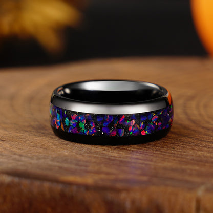 Black Starry Night Opal 4mm/8mm Ring, Tungsten Wedding Band, Man Woman Matching Couple Wedding Ring Set, Dome, Polished, Unique Band