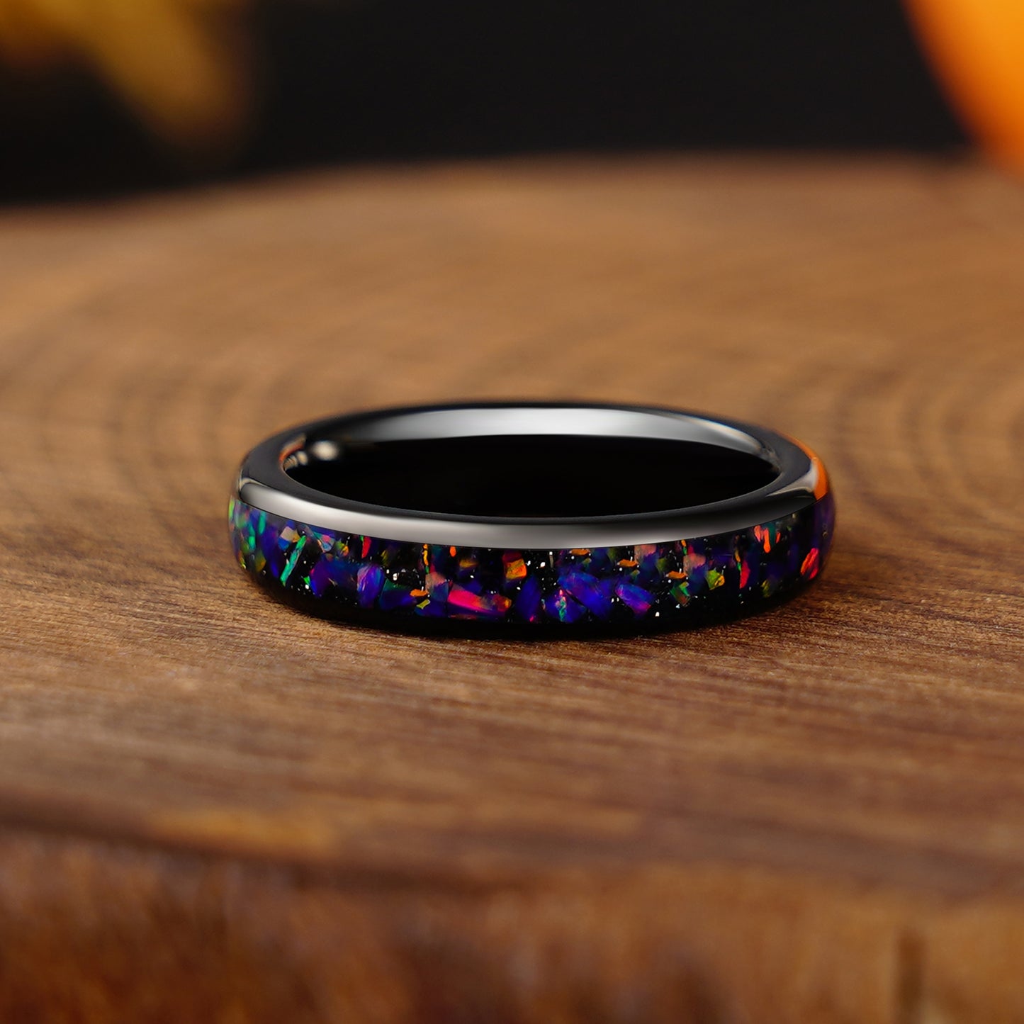 Black Starry Night Opal 4mm/8mm Ring, Tungsten Wedding Band, Man Woman Matching Couple Wedding Ring Set, Dome, Polished, Unique Band