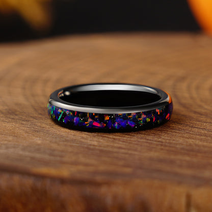 Black Starry Night Opal 4mm/8mm Ring, Tungsten Wedding Band, Man Woman Matching Couple Wedding Ring Set, Dome, Polished, Unique Band