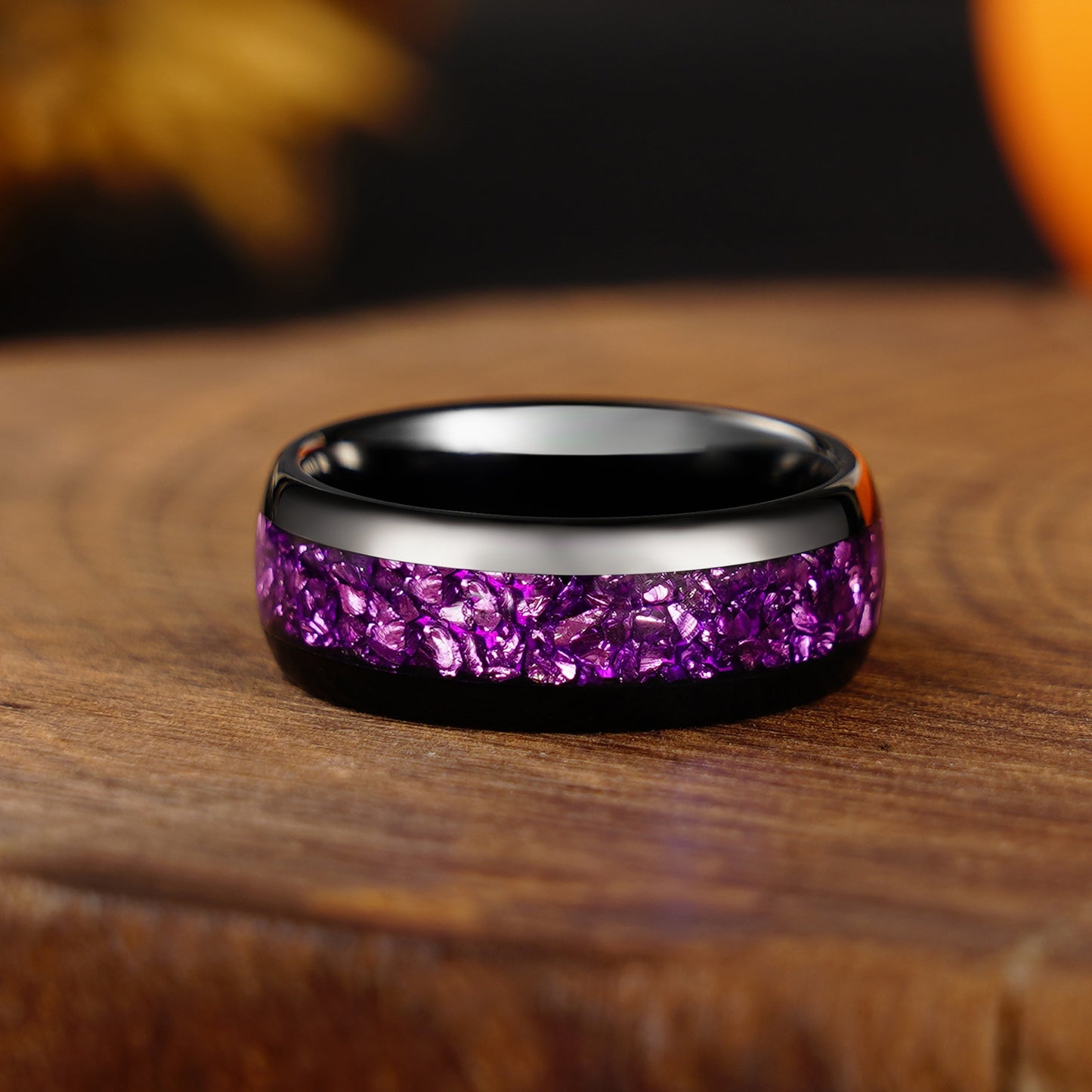 8mm/4mm Purple Amethyst Wedding Band, Black Tungsten Carbide Ring, Dome, Polish, Comfort Fit, Birthday Anniversary Gift for Him and Her