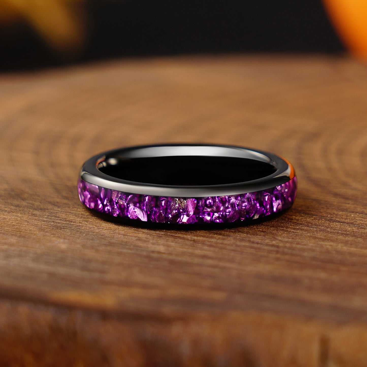 8mm/4mm Purple Amethyst Wedding Band, Black Tungsten Carbide Ring, Dome, Polish, Comfort Fit, Birthday Anniversary Gift for Him and Her