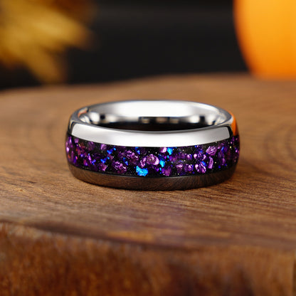 Purple Amethyst Nebula Ring, Silver Tungsten Wedding Band, 8mm or 4mm, Man Woman Outer Space Ring, Comfort Fit, Dome, Polish, Durable