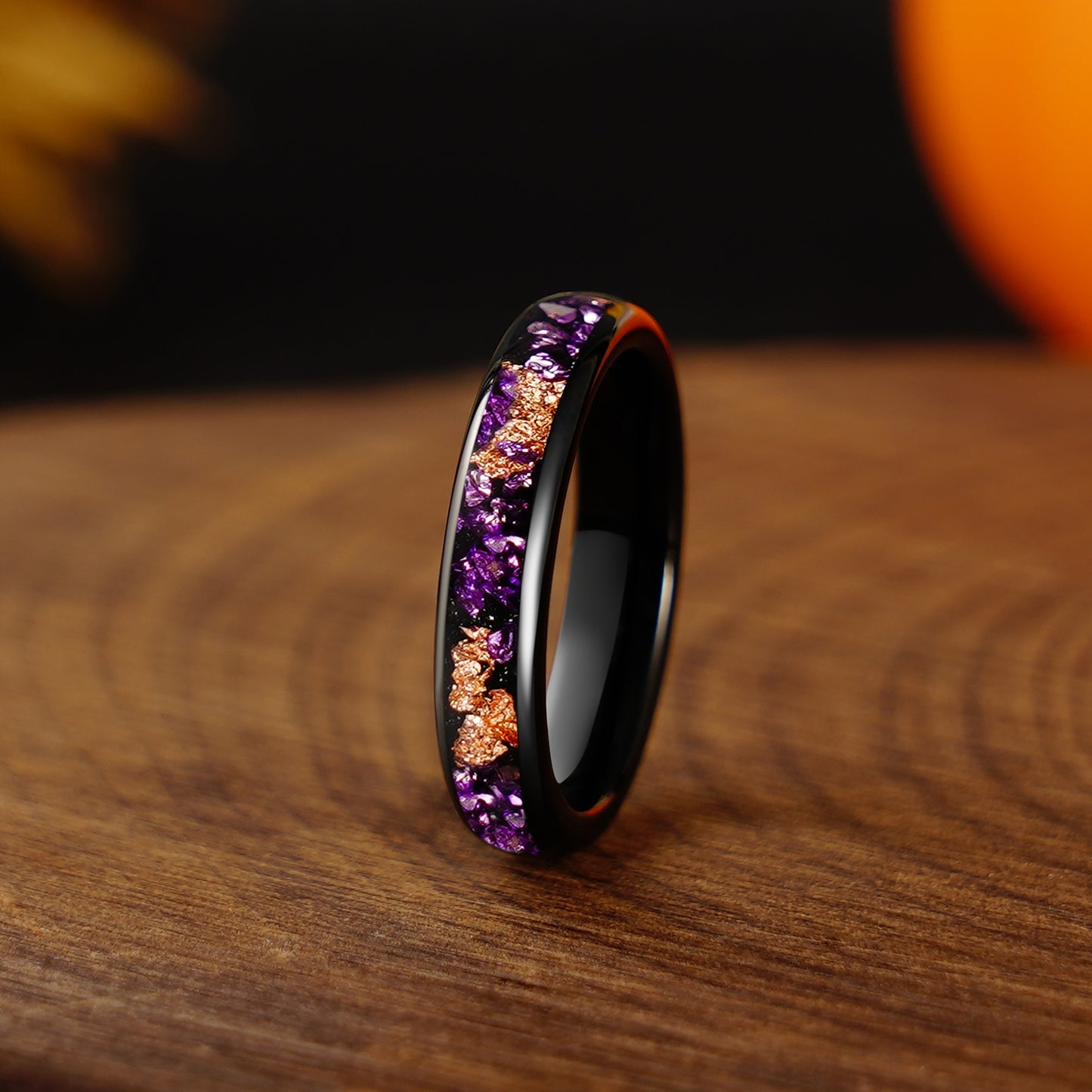 8mm/4mm Purple Amethyst and Rose Gold Foil Wedding Band, Black Tungsten Carbide Ring, Dome, Polish, Comfort Fit, Birthday Anniversary Gift for Him and Her