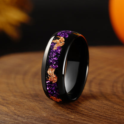 8mm/4mm Purple Amethyst and Rose Gold Foil Wedding Band, Black Tungsten Carbide Ring, Dome, Polish, Comfort Fit, Birthday Anniversary Gift for Him and Her