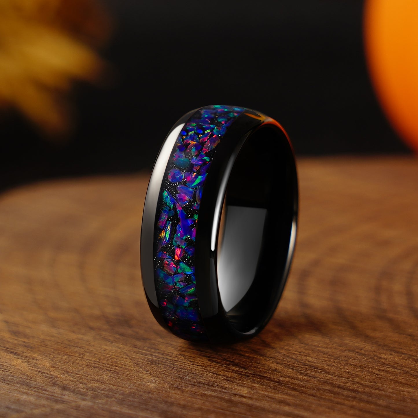 Black Starry Night Opal 4mm/8mm Ring, Tungsten Wedding Band, Man Woman Matching Couple Wedding Ring Set, Dome, Polished, Unique Band