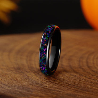 Black Starry Night Opal 4mm/8mm Ring, Tungsten Wedding Band, Man Woman Matching Couple Wedding Ring Set, Dome, Polished, Unique Band