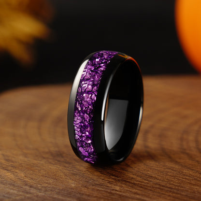 8mm/4mm Purple Amethyst Wedding Band, Black Tungsten Carbide Ring, Dome, Polish, Comfort Fit, Birthday Anniversary Gift for Him and Her