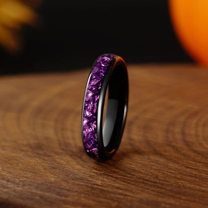 8mm/4mm Purple Amethyst Wedding Band, Black Tungsten Carbide Ring, Dome, Polish, Comfort Fit, Birthday Anniversary Gift for Him and Her