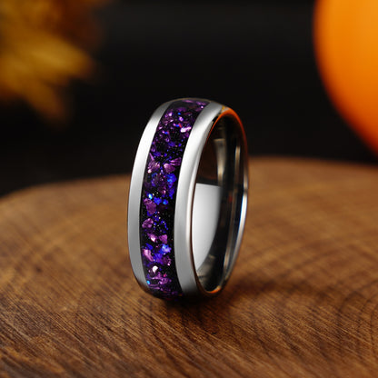 Purple Amethyst Nebula Ring, Silver Tungsten Wedding Band, 8mm or 4mm, Man Woman Outer Space Ring, Comfort Fit, Dome, Polish, Durable