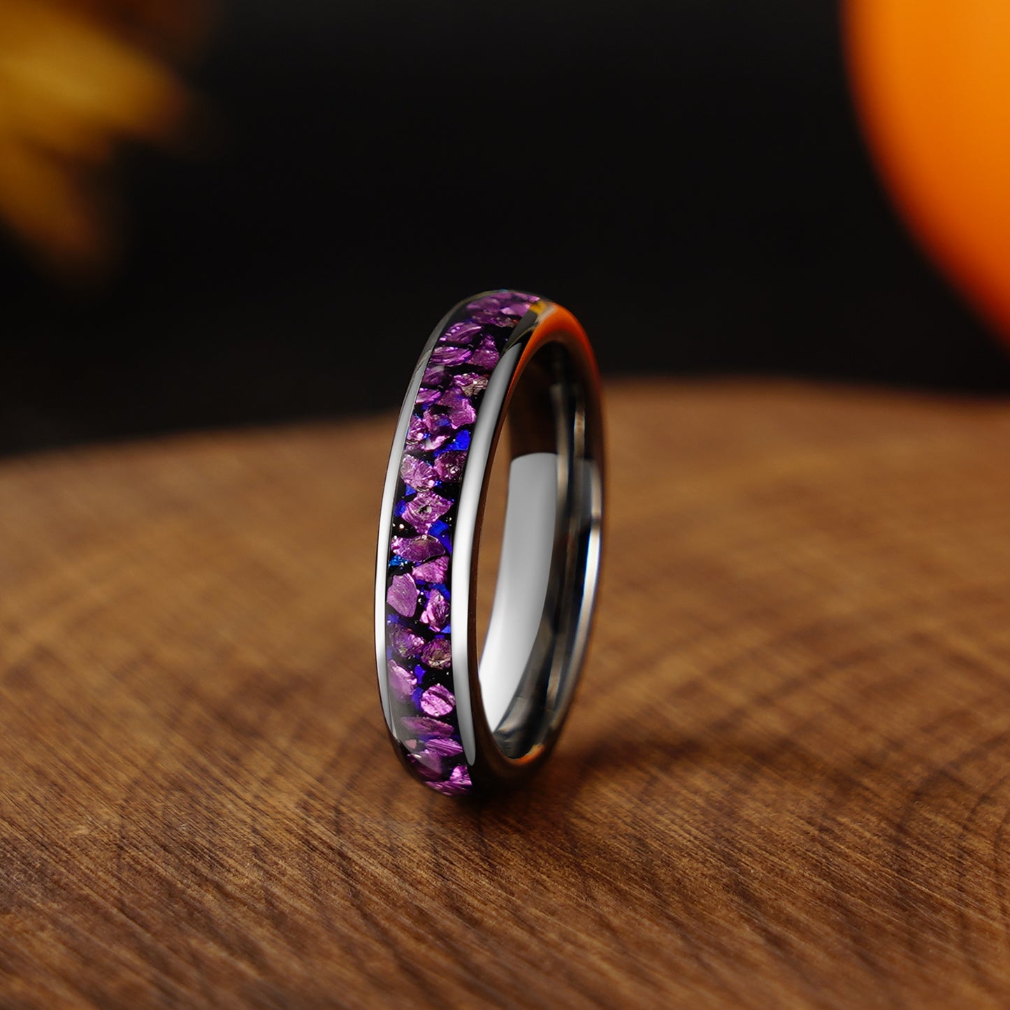 Purple Amethyst Nebula Ring, Silver Tungsten Wedding Band, 8mm or 4mm, Man Woman Outer Space Ring, Comfort Fit, Dome, Polish, Durable