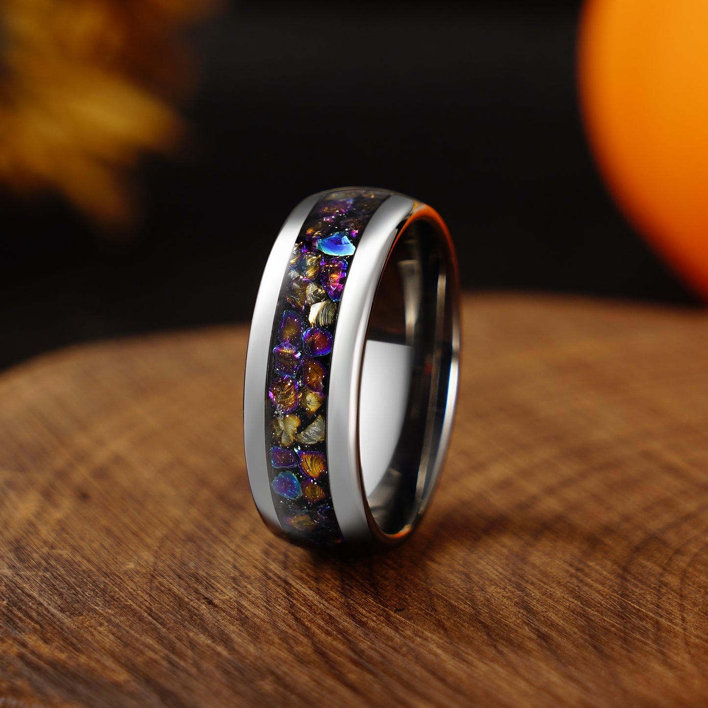 Veil Nebula Ring, Silver/Black Tungsten Wedding Band, 8mm or 4mm, Man Woman Outer Space Ring, Comfort Fit, Dome, Polish, Durable