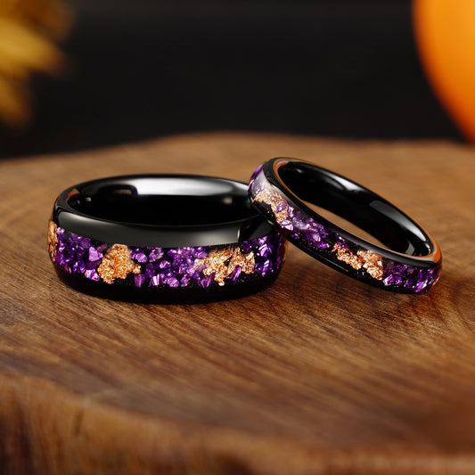 8mm/4mm Purple Amethyst and Rose Gold Foil Wedding Band, Black Tungsten Carbide Ring, Dome, Polish, Comfort Fit, Birthday Anniversary Gift for Him and Her