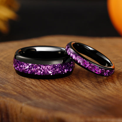 8mm/4mm Purple Amethyst Wedding Band, Black Tungsten Carbide Ring, Dome, Polish, Comfort Fit, Birthday Anniversary Gift for Him and Her