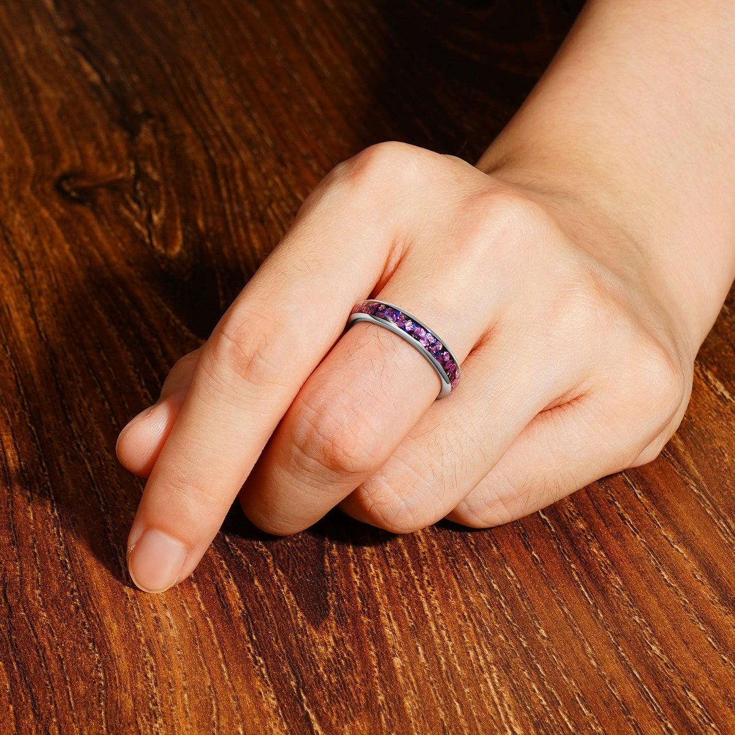 Purple Amethyst Nebula Ring, Silver Tungsten Wedding Band, 8mm or 4mm, Man Woman Outer Space Ring, Comfort Fit, Dome, Polish, Durable